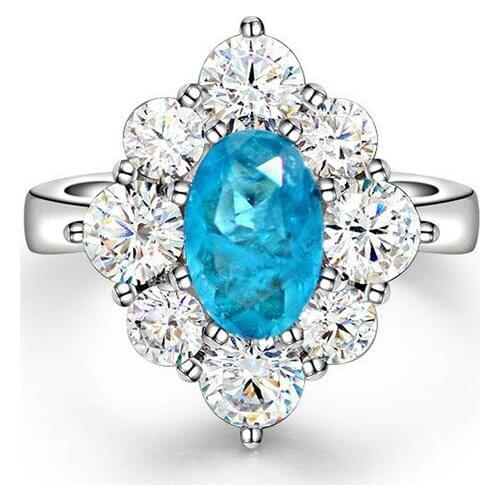 100% 925 Sterling Silver Retro 6*9mm Palaiba Neon Blue Rings For Women Full 5A Zircons Sparkling Wedding Party Fine Jewelry Gift