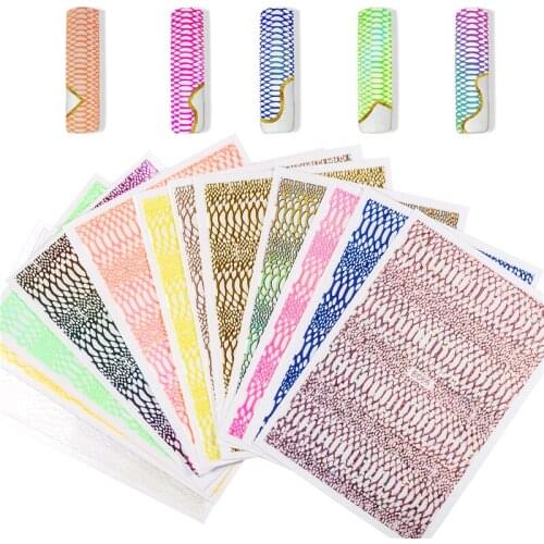 12pcs/ set Colorful Laser Holographic Snake Grid Pattern Nail Sticker Set Self Adhesive DIY Manicure Hollow Print Nail Decals
