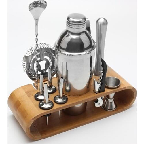 12pcs/set Stainless Steel Cocktail Shaker Bar Set Wine Drinking Mixer Boston Style Shaker Party Bar Tool with Bamboo Stand