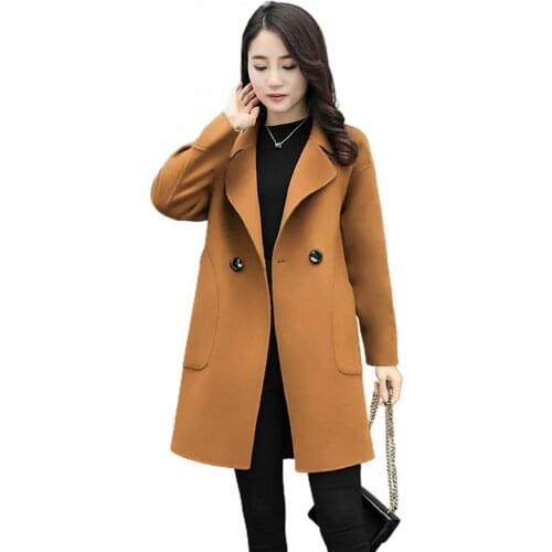 2021 Women Woollen Overcoat Womens Mid Length Over Knee Autumn Winter Waist Suit collar Red Woollen Black Red Coat veste femme