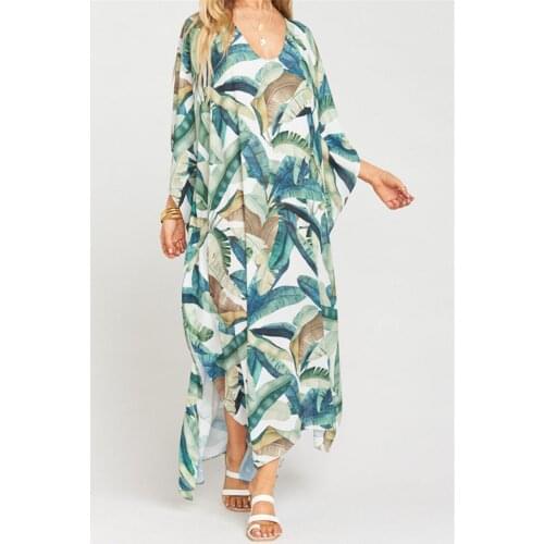 2021 Quick-drying Green Bohemian Leaves Printed V-neck Summer Beach Dress Cotton Tunic Women Plus Size Beachwear Maxi Dress N930
