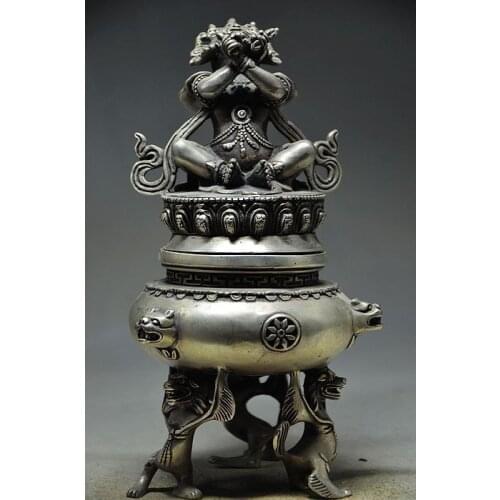 8.31 inch/Chinese ancient Tibet silver carving flooding fiend.The beast censer
