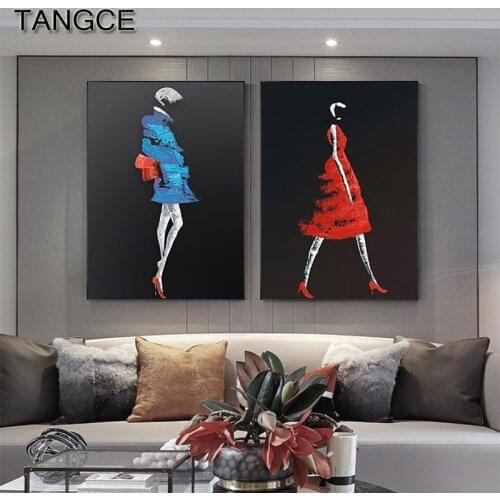 Abstract Blue Red Dress Canvas Art Fashion Sexy Girl Poster n Print Wall Art Picture for Living Room Oil Painting Texture Poster