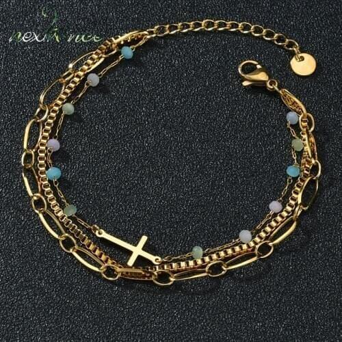 Nextvance Stainless Steel Colorful Beads Cross Three Chain Bracelet Girlfriend Ladies Girls Wife Lover Valentines Day Present