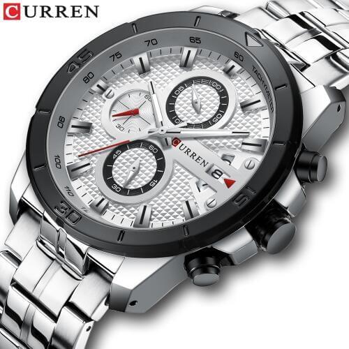 CURREN Fashion Designed Stylish and Sleek Business Dress Watch Chronograph Military Clocks Silver Band White Dial relojes hombre