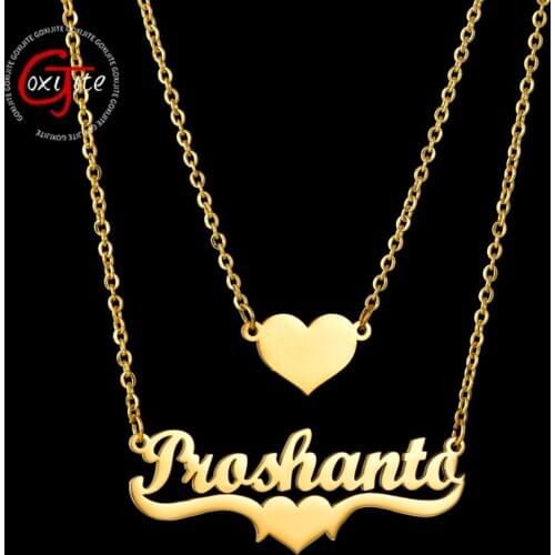 Goxijite Name Heart 2 Layer Necklace Personalize Stainless Steel Gold Doule Layer First Name Pendant Necklaces For Women Lover