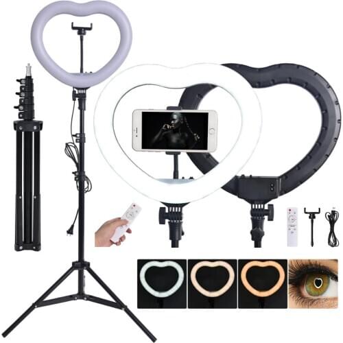Fosoto FT-X258 Bi-color Lamp Heart Shaped Photography Light 3200K-5600K LED Lamp & Remote Tripod For Phone Camera Makeup Studio
