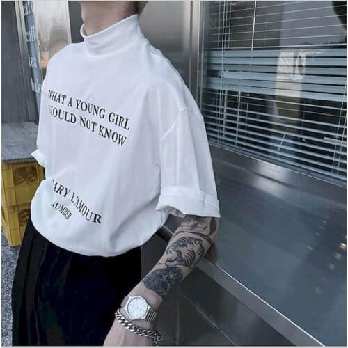 Short-sleeved Oversized Tshirt Women T Shirt Men Korean Loose Half-high Collar English Print T-shirt Vintage Tops Harajuku Shirt