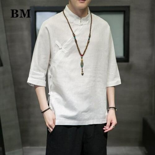 Chinese Traditional Dress Swash Plate Button Linen Stand-Up Collar Hanfu 2021 Oversized Shirt Plus Size Short Sleeve Tops Men
