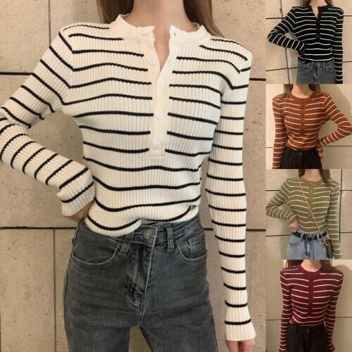 Buttons Stripes Knitwear Long Sleeve Pullovers Ribbed Crop Top V Neck Korean Style Slim Women Casual Top Autumn 90S Blouse 2021
