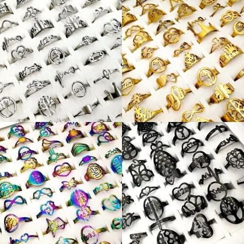 Fashion 30PCs/Lot Hollow Out Stainless Steel Rings Four Colours Mens Womens Ring Mix Style Jewelry Party Gift