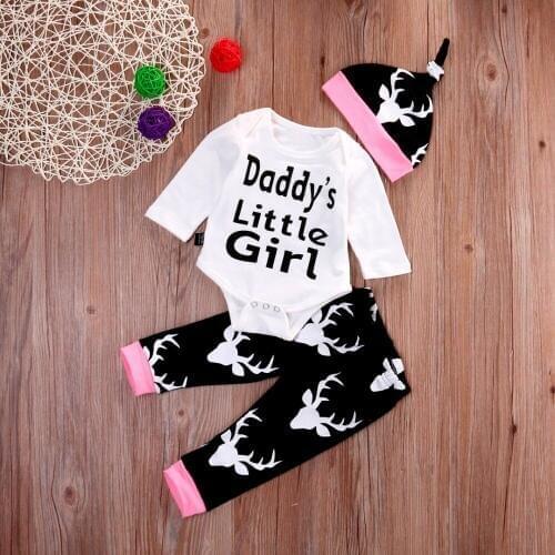 Baby Girl Clothing Sets Long Sleeve Letter Cartoon Elk Animal Print White Baby Romper+ Black Pant + Hat 3PCS Baby Clothes Outfit