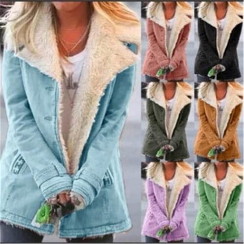 2021 Winter Fashion New Lapel Long Sleeve Plus Velvet Single Breasted Loose Warm Cotton Jacket Women Trendy H290