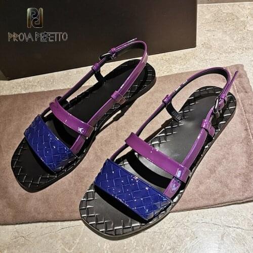 Summer Candy Mixed Color Buckle Sandals Female New Patent Leather Open Toe Woven Flat Beach Roman Sandals