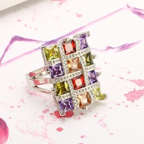 Fashion Luxury Rainbow Square Cubic Zirconia Ring Engagement Ring Colorful Finger Rings For Women Size 6 7 8 9 10