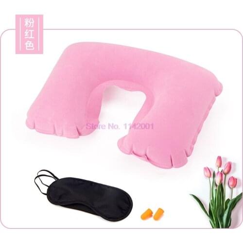 100pcs 3Pcs/set Inflatable U-shaped Pillow Flocking Nap Pillow Travel Neck Pillow Outdoor Rest Pillow with Eyeshade Earplugs