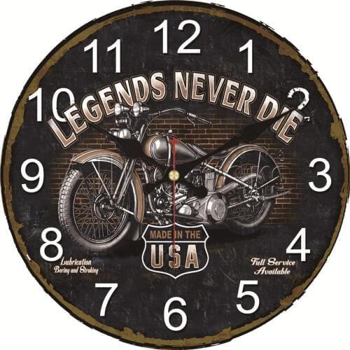 Motorcycle Wall Art Wall Clock Garage Sign Motorbike Vintage Sports Race Large Silent Round Wooden Clock Old Route 66 Home Watch