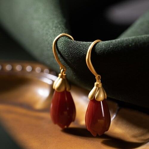 Natural retro 925 sterling silver gilded mosaic southern red agate magnolia earrings simple jewelry fashion for women gifts