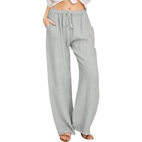 2021 new Summer womens clothing Casual Solid Cotton Linen Drawstring Elastic Waist Long Wide Leg Pants sports trousers