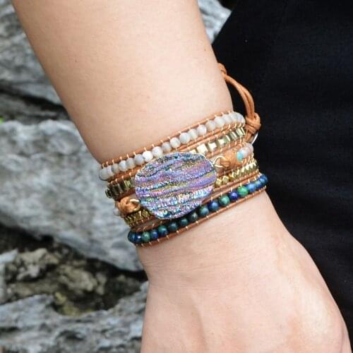 Dropshipping Unique 5X Women Leather Bracelets Rainbow Galaxy Quartz Handmade Bracelets Bohemian Natural Stone Wrap Bracelet