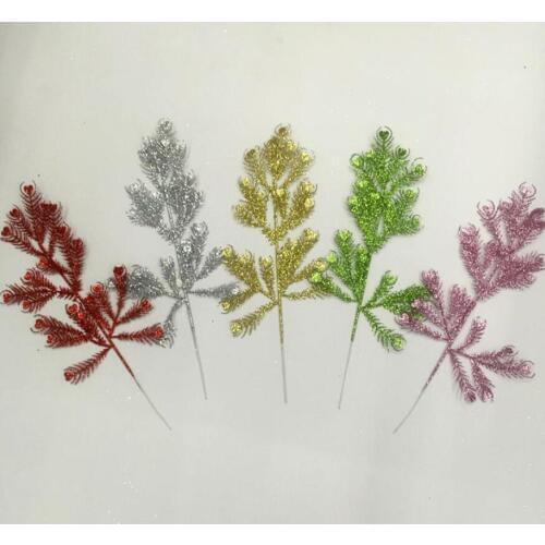 20pcs Glitter Powder Peacock Leaf Branch For Flower Arrangement Accessories Christmas Party Home Wedding Garden Decoration