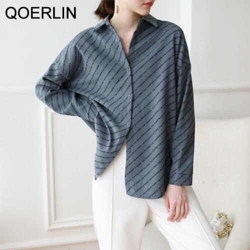 QOERLIN Quality Retro Letter Print Plus Shirt Temperament Fashion Long-Sleeved Single-Breasted Button Down Workwear Blouse Women