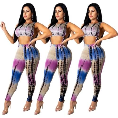 Tie-Dye Print Sleeveless Sexy Crop Tank Tops & Pencil Trousers Woman Suit 2020 Autumn European and American Fashion 2 Piece Set