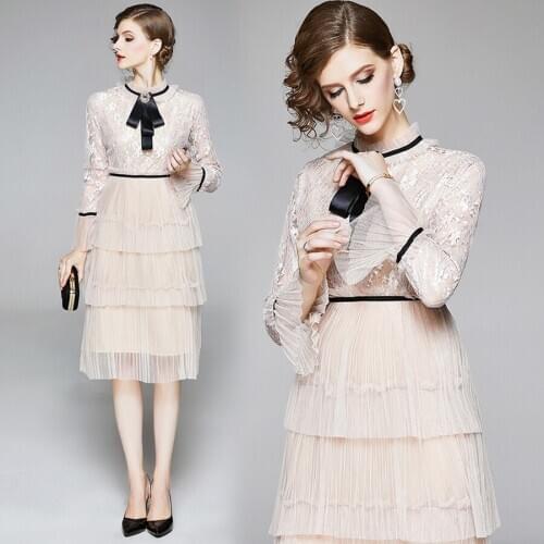 2021 Vintage High Street Lace Mesh Midi Dresses Autumn Winter Plus Size Long Sleeve Dress Elegant Women Bodycon Party Vestidos