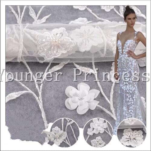 Super quality white unique beaded embroidered tulle lace fabric YG-749 Nigerian french tulle lace fabric for fashion show dress