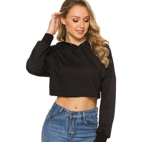 Explosion Models womens Fashion Hooded long-sleeved Shoulders Loose Cut Short Navel Solid Color Pullover