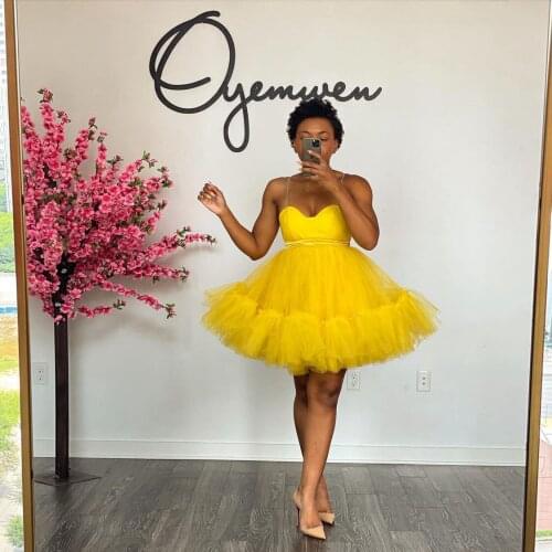 Yellow Elegant Simple Women Dress Spaghetti Strap Sweetheart Mini Dress Tulle Ruffle Ball Gown Short Evening Dress Plus Size