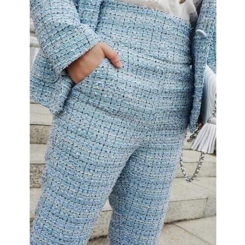 2020 New Fashion Spring Summer Retro Casual Trousers Womens Pants Ladies Blue Plaid Ankle Length Pant High Waist Leg Pants Y286