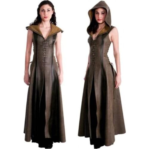 Cosplay Medieval Larp Archer Costume Women Hooded Sleeveless Leather Long Dress Vintage Robe Maxi Cloak Halloween Costume