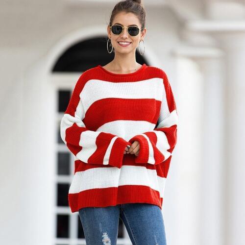 Fashion New Women Autumn Winter Casual Sweater Long Sleeve O-neck Patchwork Striped Color Knitted Pullover Coat 2C0296