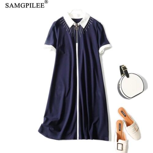 Summer Women Dresses 2021 New Fashion Office Lady A Line Solid Short Sleeve Zippers Knee Length Turn Down Collar Dress Woman 4XL