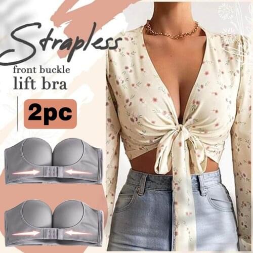 2PCS Gray Womens Bras Low Cut Strapless Non-Slip Adjustment Rimless Dress Bra