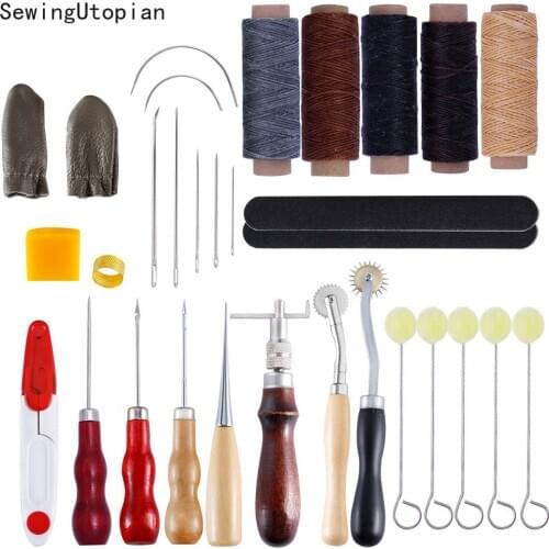 31PCS Professional Leather Craft Tools Kit Hand Sewing Stitching Punch Carving Work Saddle Groover Set Accessories Wax Thread