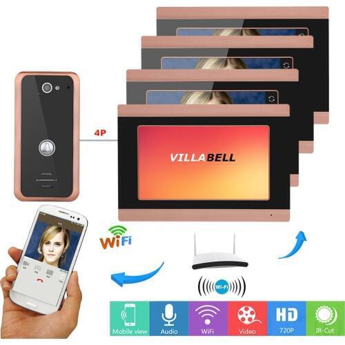 7inch Wireless 4 Monitors Wired Wifi Video Door Phone Doorbell Intercom Entry System with 1000TVL Wired Camera Night Vision