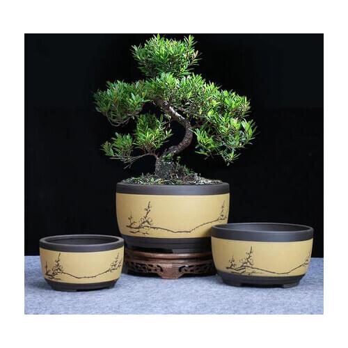 Bonsai Flowerpot Ceramic Round Large Medium And Small Bonsai Pot Green Plant Pot Drum-shaped Chinese Style Ventilation Basin