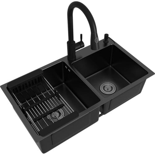 Black nano-thick 304 stainless steel kitchen manual sink double sink under counter basin sink sink