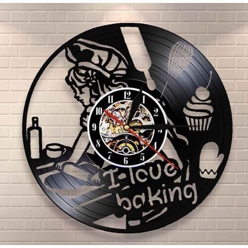Decorative Kitchen Clock Cooking Art Wall Decor I Love Baking Quote Wall Clock Girl with Rolling Pin Cake Dessert Vintage Clock