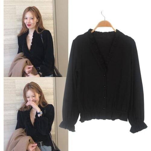 Kpop 4Minute Kim Hyun A black long-sleeve button knit cardigan sweater women autumn retro fashion V-neck sweaters female clothes