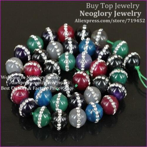 1strand Natural Colorful Gems Glass Loose Round Beads with Rhinestone,Sparkling Rhinestone 10mm Jewelry DIY Findngs