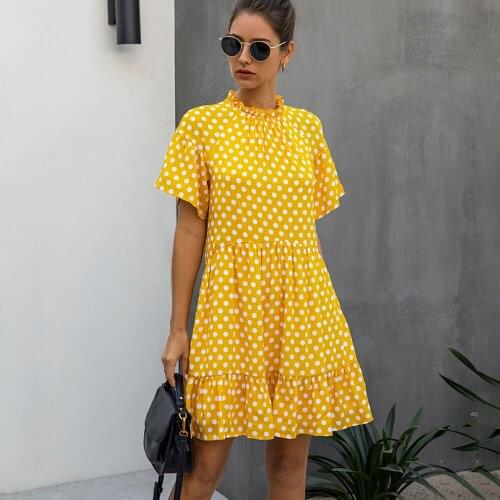 Summer Dress Polka Dot Women Short Sleeve Casual White Ruffle Collar Loose Fit Clothes Yellow Womens Clothing Sundresses