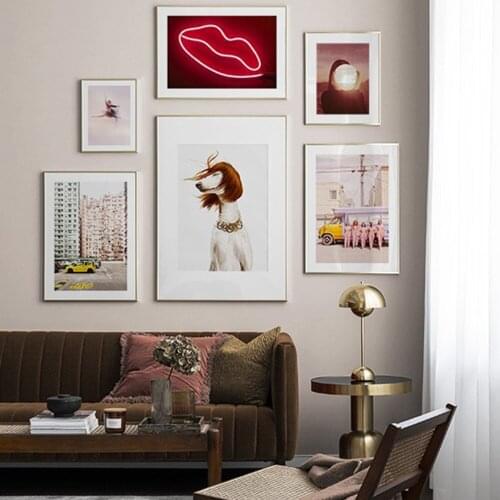Cuadros Dogs In A Wig Poster Neon Lips Wall Art Canvas Posters Pink Ladies Art Painting Wall Picture Modern Mosque Decoration