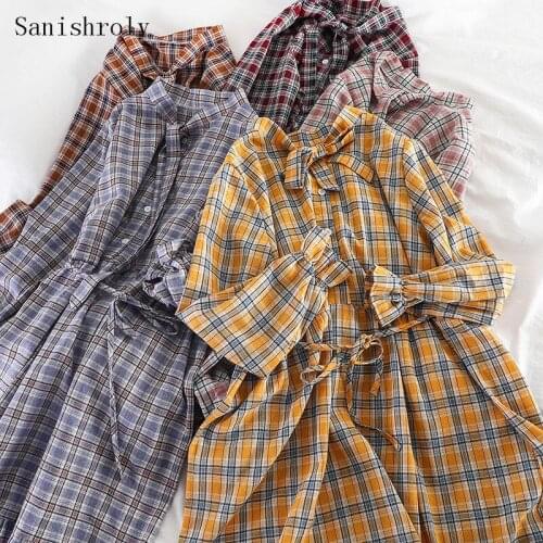 Sanishroly Autumn Women Long Sleeve Plaid Dress Tie Bow Sashes A-Line Dresses Students High Waist Vintage Dress Vestidos CD084