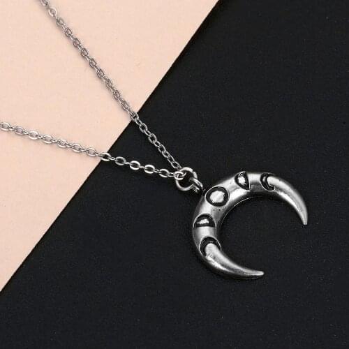 QIAMNI Stainless Steel Antique Curved Crescent Moon Pendant Necklace Vintage OX Double Horn Necklaces Delicate Ethnic Jewelry