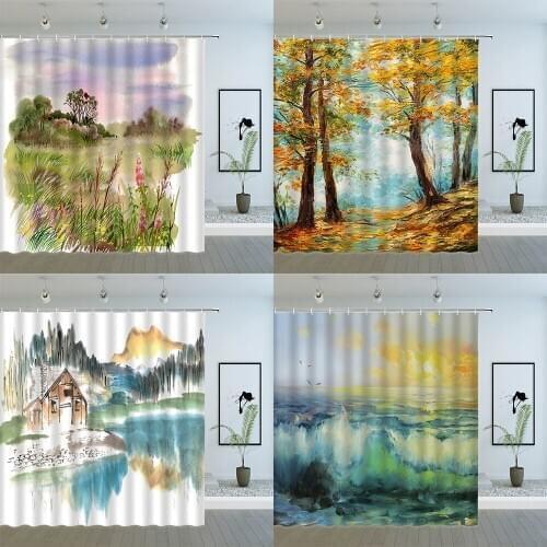 Hand Painted Landscape Shower Curtains Oil Painting Watercolor Forest Plant Flower Scenery Bath Waterproof Cloth Hanging Curtain