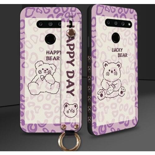 Side Print Bear Silicone Case For LG G6 G7 G8S ThinQ Wrist Strap Back Cover For LG V20 V30 V50