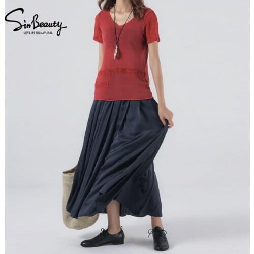 SINBEAUTY Summer Thin Womens Solid Color V Needle Sleeve Leisure Leather Dark Red Apricot